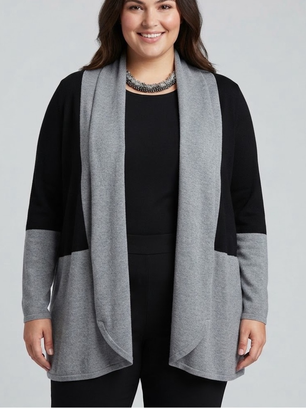 CYRUS WOMAN Open Front Colorblock Cardigan in Gray and Black 2X